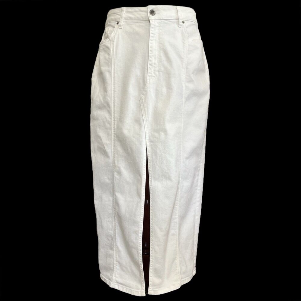 Reiss White Denim Midi Skirt High Front Slit Size 10 Luxury Minimalist Capsule